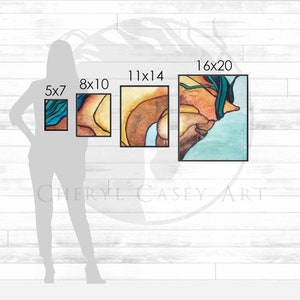 May include: A comparison of different sizes of abstract watercolor paintings. The paintings feature a mix of teal, blue, yellow, orange, and brown colors. The sizes are 5x7, 8x10, 11x14, and 16x20 inches.