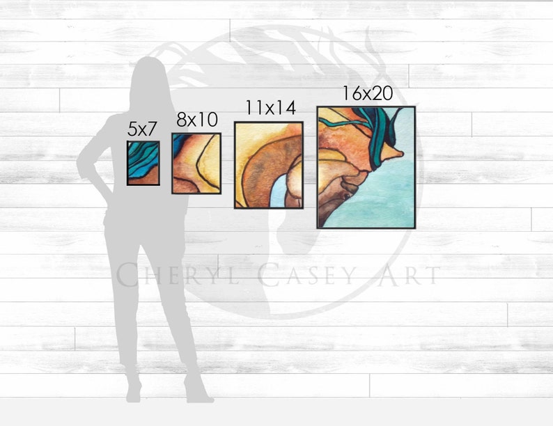 May include: A comparison of different sizes of abstract watercolor paintings. The paintings feature a mix of teal, blue, yellow, orange, and brown colors. The sizes are 5x7, 8x10, 11x14, and 16x20 inches.
