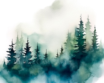 Foggy Mountain Forest Wall Art Watercolor Print by Cheryl Casey, pine trees forest blue green gray landscape, simple minimal style