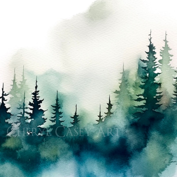 Foggy Mountain Forest Wall Art Watercolor Print by Cheryl Casey, pine trees forest blue green gray landscape, simple minimal style