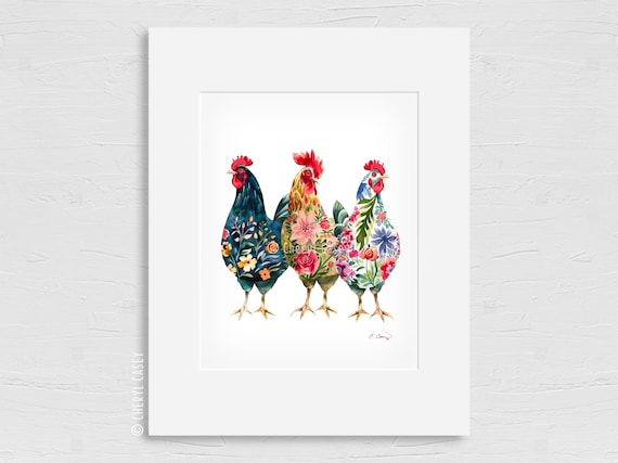 Chicken Wall Art Print, Watercolor Farmhouse Decor by Cheryl Casey, kitchen art, farm art, Floral Chicken