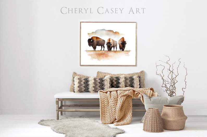 Bison American Buffalo Art Print from Watercolor Painting by Cheryl Casey, Three Buffalo image 7