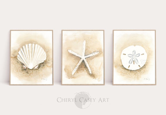Seashell Art Decor Set of 3, Coastal Wall Art Set, Neutral Beach Prints from Watercolor by Cheryl Casey, clam shell, starfish, sand dollar