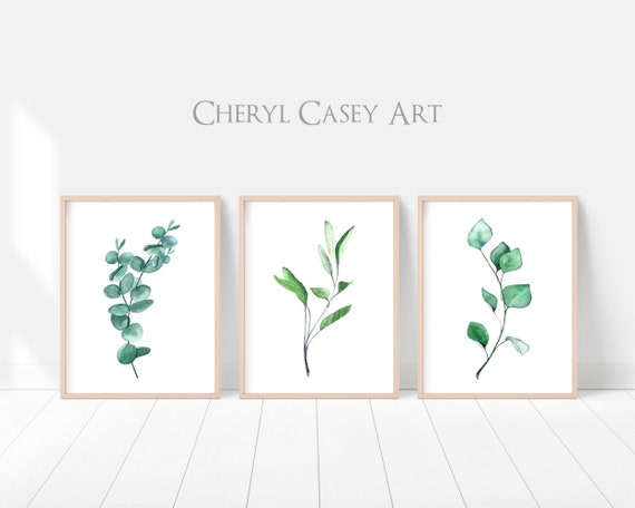 Sage Green Wall Art Eucalyptus Watercolor Print Set of 3 from paintings by Cheryl Casey