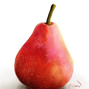 Red Pear Still Life Art Print from Watercolor Painting by Cheryl Casey, Dramatic Art, Fruit Art Print image 1