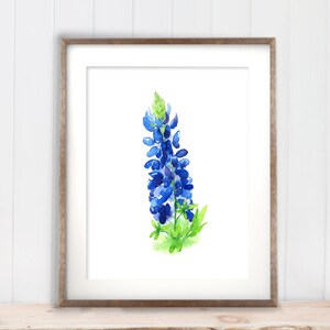 Single Bluebonnet Art Print, Minimalist Art Blue Floral, from watercolor painting by Cheryl Casey, blue wildflower