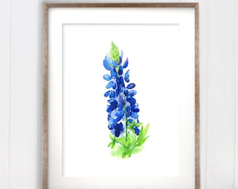 Single Bluebonnet Art Print, Minimalist Art Blue Floral, from watercolor painting by Cheryl Casey, blue wildflower
