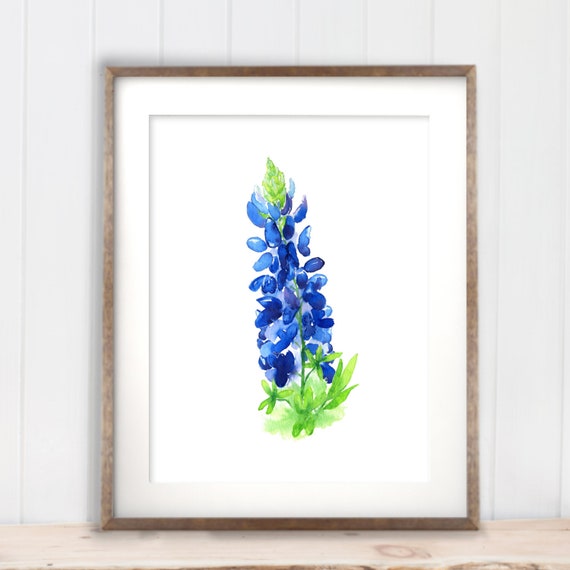 Single Bluebonnet Art Print, Minimalist Art Blue Floral, from watercolor painting by Cheryl Casey, blue wildflower