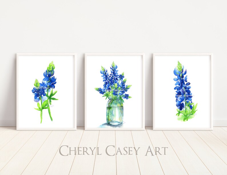 Puede incluir: Tres acuarelas de flores de lupino azul. La primera pintura muestra un solo tallo de lupino azul. La segunda pintura muestra un ramo de lupino azul en un frasco de vidrio transparente. La tercera pintura muestra un solo tallo de lupino azul.