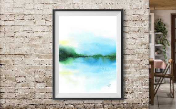 Abstract Landscape Art Print from Watercolor Painting by Cheryl Casey, Modern Aqua Blue Lake
