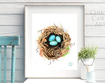 Bird Nest Watercolor Art Print, Robin's Eggs Blue