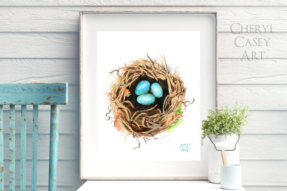 Bird Nest Watercolor Art Print, Robin's Eggs Blue