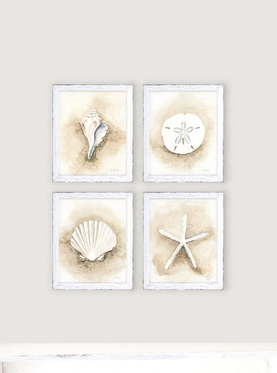 Seashell Art Decor Set of 4, Southwest Coastal Wall Art Set, Neutral Beach Prints from Watercolor by Cheryl Casey, Sand Dollar, Starfish