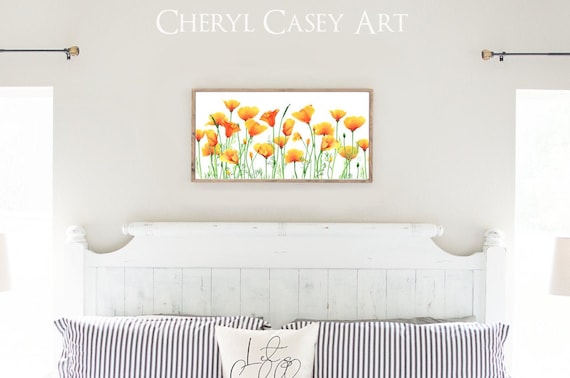 California Poppies Art Print, Long Panoramic, from a Poppy Watercolor Painting by Cheryl Casey
