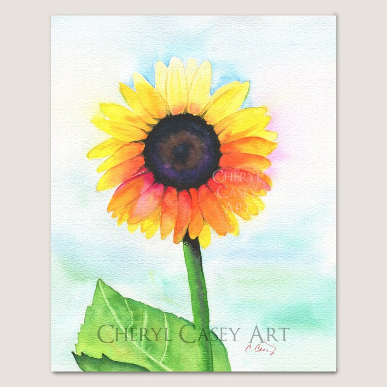 Sunflower Art Print from Watercolor Painting by Cheryl Casey, yellow wildflower, simple clean minimalist image 1
