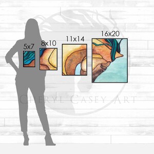 Puede incluir: Cuatro impresiones de arte abstracto de diferentes tama&ntilde;os con un esquema de color turquesa, naranja y amarillo. Las impresiones se muestran en una pared de madera blanca con las dimensiones de cada impresi&oacute;n enumeradas debajo de ellas. El texto "CHERYL CASEY ART" es visible en la parte inferior de la imagen.