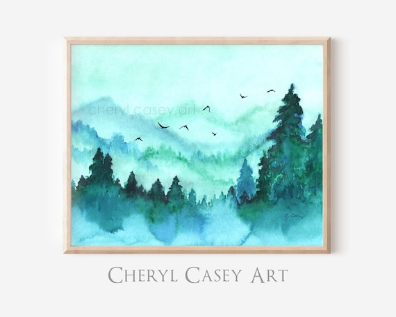 Mountain Wall Art Watercolor Mountain Print from Painting by Cheryl Casey, pine trees forest turquoise teal landscape