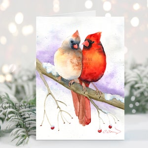 Cardinal Greeting Cards Pack, Cardinal Couple, from watercolor painting by Cheryl Casey, blank inside, Christmas cards, notecards imagem 2