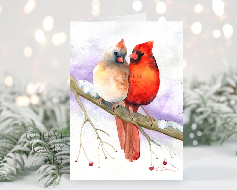 Cardinal Greeting Cards Pack, Cardinal Couple, from watercolor painting by Cheryl Casey, blank inside, Christmas cards, notecards imagem 2