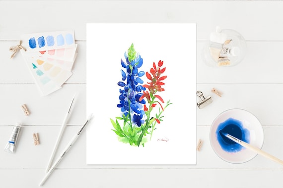 ORIGINAL Art Hand Painted Bluebonnet and Indian Paintbrush by Cheryl Casey, Made to Order, 8x10 or 11x14 Watercolor Painting