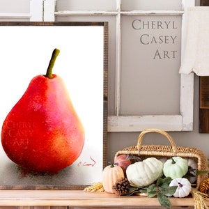 Red Pear Still Life Art Print from Watercolor Painting by Cheryl Casey, Dramatic Art, Fruit Art Print image 9