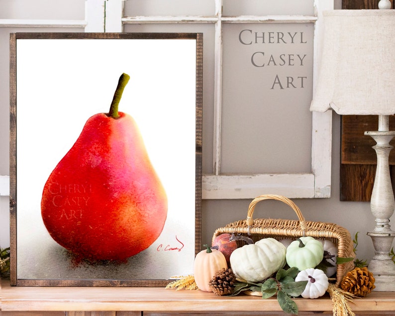 Red Pear Still Life Art Print from Watercolor Painting by Cheryl Casey, Dramatic Art, Fruit Art Print image 9