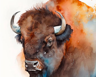 Bison American Buffalo Bust Art Print from Watercolor Painting by Cheryl Casey