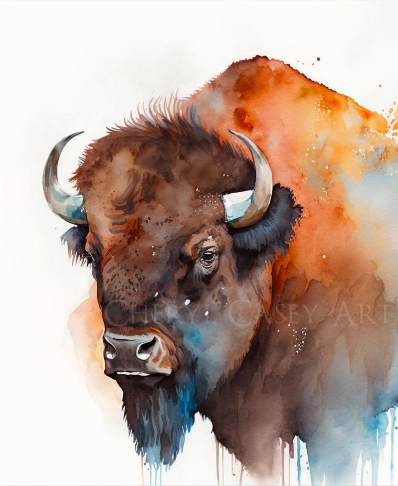 Bison American Buffalo Bust Art Print from Watercolor Painting by Cheryl Casey image 1