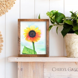 Sunflower Art Print from Watercolor Painting by Cheryl Casey, yellow wildflower, simple clean minimalist image 2