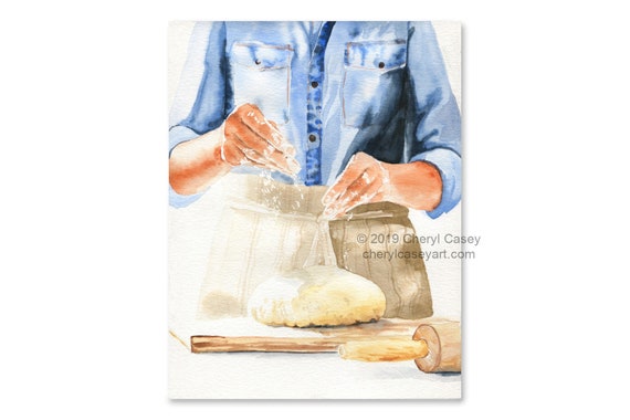 Farmhouse Kitchen Art Print, Bread Maker Baker, from Original Watercolor Painting by Cheryl Casey