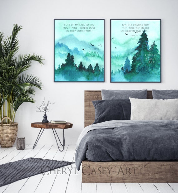 Bible Verse Wall Art Print Set of 2 from Mountain Watercolor Painting by Cheryl Casey, Psalm 121 I lift up my eyes to the mountains