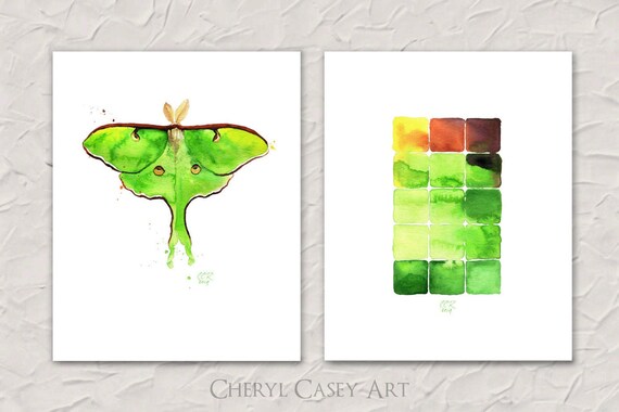 Luna Moth and Abstract Geometric Companion Piece Art Prints Set of 2 from Watercolor Paintings by Cheryl Casey