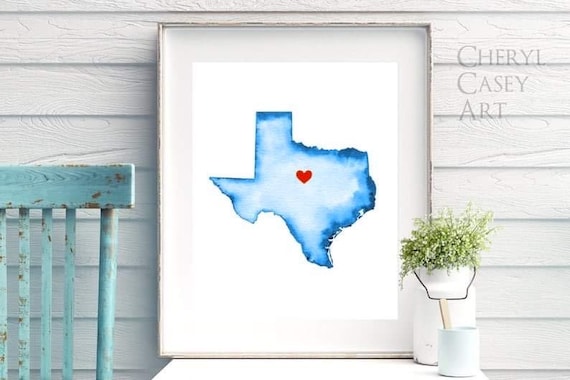 Custom Texas Map Art with a Red Heart on the town of your choice, from Watercolor Painting by Cheryl Casey