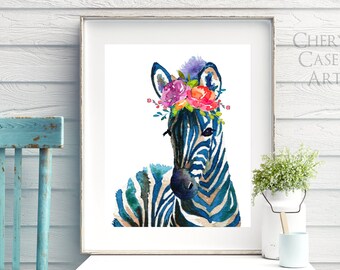 Zebra Painting Art Print, Baby Animal Watercolor Print,flower crown safari poster nursery gift decor