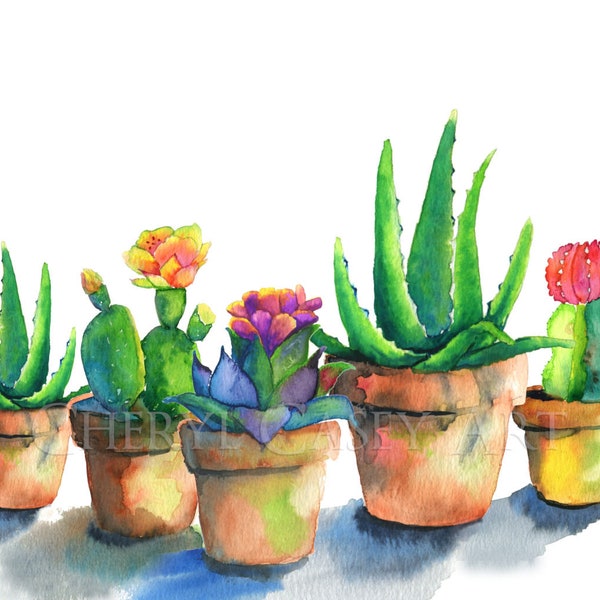 Succulents and Cactus Watercolor Print by Cheryl Casey