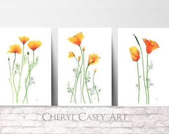 California Poppies Set of 3 Art Prints from Watercolor Painting by Cheryl Casey, Minimalist Orange Poppy Flowers