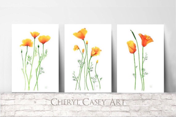 California Poppies Set of 3 Art Prints from Watercolor Painting by Cheryl Casey, Minimalist Orange Poppy Flowers