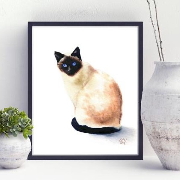 Siamese Cat Art Print from Watercolor Painting by Cheryl Casey, Cat Wall Art