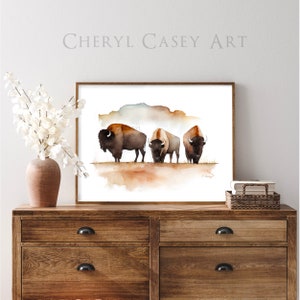 Bison American Buffalo Art Print from Watercolor Painting by Cheryl Casey, Three Buffalo image 2