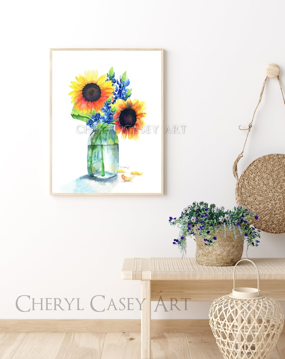 Sunflowers and Bluebonnets Art Print from Watercolor Paintings by Cheryl Casey, yellow wildflower, farmhouse wall art, blue wildflowers