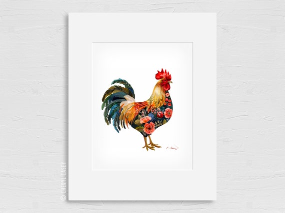 Rooster Wall Art Print, Watercolor Farmhouse Decor by Cheryl Casey, kitchen art, farm art, Floral Chicken Decor