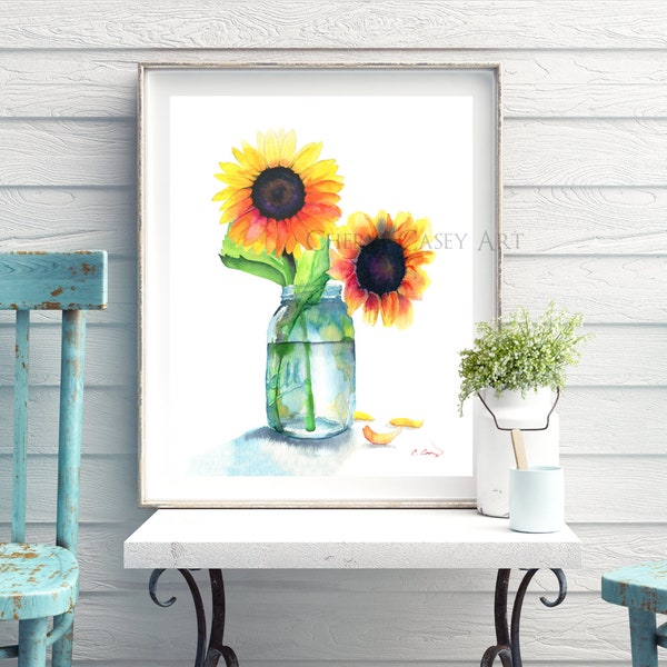 Sunflowers in a Jar Art Print from Watercolor Painting by Cheryl Casey, yellow wildflower, farmhouse wall art