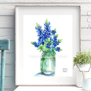 Bluebonnets Art Print from watercolor painting by Cheryl Casey, Texas Bluebonnets, blue wildflowers, BLUEBONNETS IN A JAR