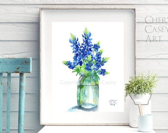 Bluebonnets Art Print from watercolor painting by Cheryl Casey, Texas Bluebonnets, blue wildflowers, BLUEBONNETS IN A JAR