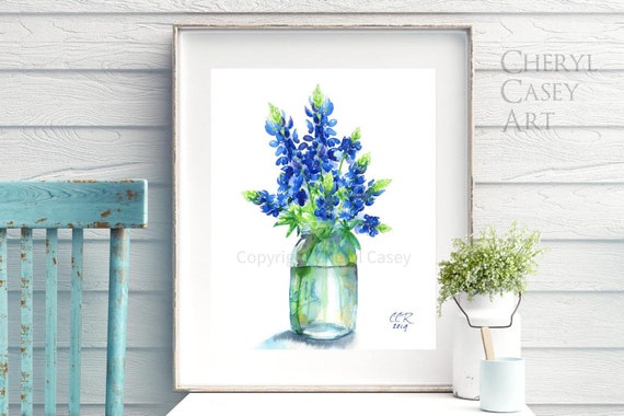 Bluebonnets Art Print from watercolor painting by Cheryl Casey, Texas Bluebonnets, blue wildflowers, BLUEBONNETS IN A JAR