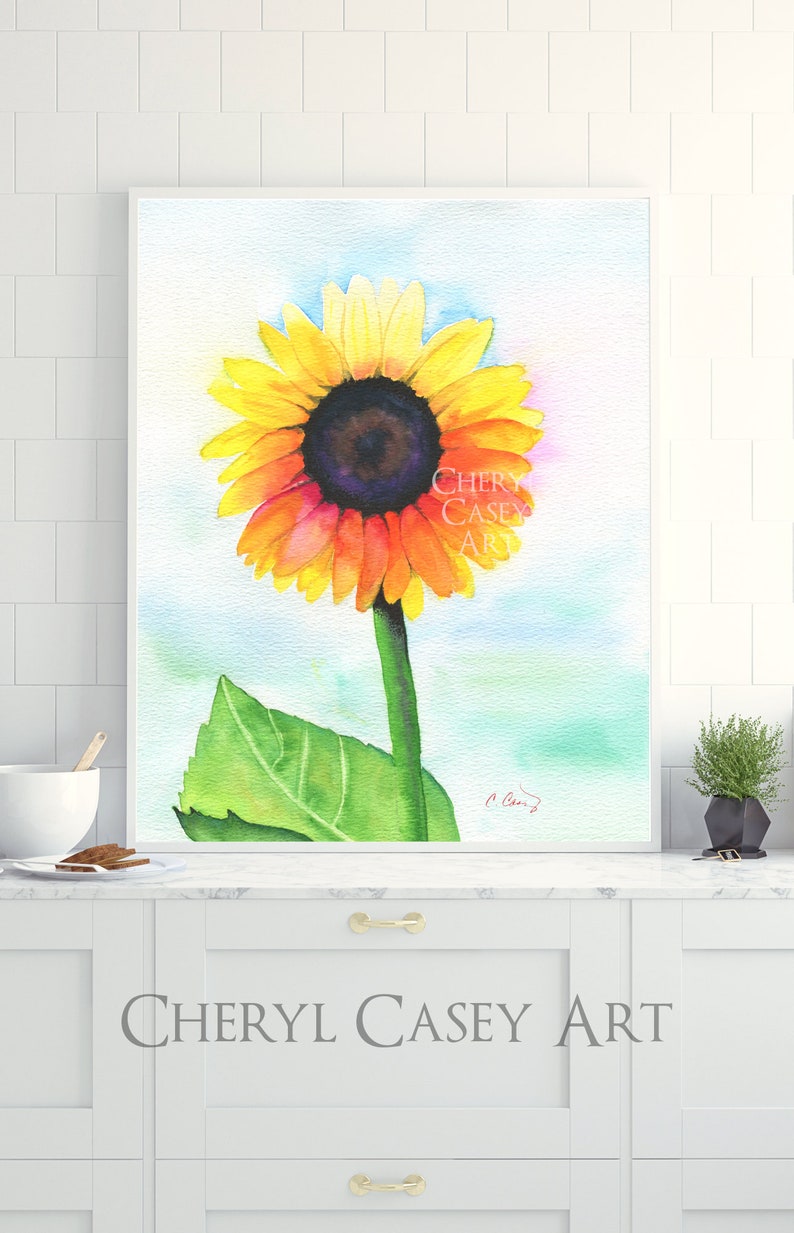 Sunflower Art Print from Watercolor Painting by Cheryl Casey, yellow wildflower, simple clean minimalist image 7