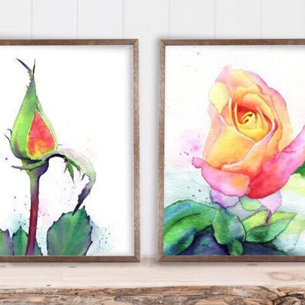 Rose Art Print Set of 2 Minimalist Botanical Watercolor, yellow pink coral flowers floral painting by Cheryl Casey