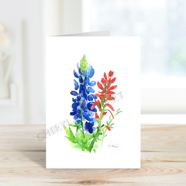 Bluebonnet, Indian Paintbrush Wildflower Greeting Cards, from watercolor by Cheryl Casey, blank inside, notecards and greeting cards