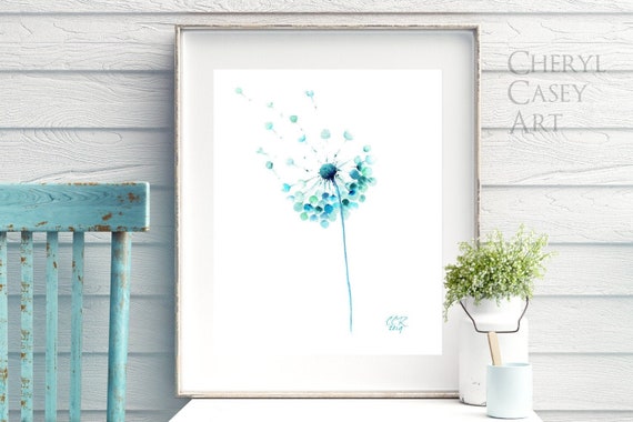 Dandelion Wall Art Print from Minimalist Watercolor Painting by Cheryl Casey, teal blue aqua