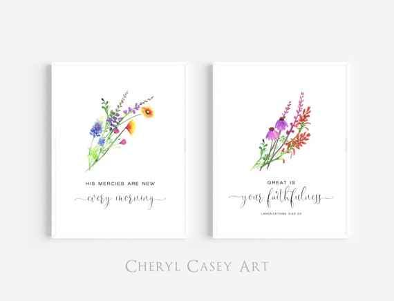 His Mercies Are New Every Morning Lamentations 3 22 23 Texas Wildflowers Art Print Watercolor by Cheryl Casey, Christian Gift Bible Verse